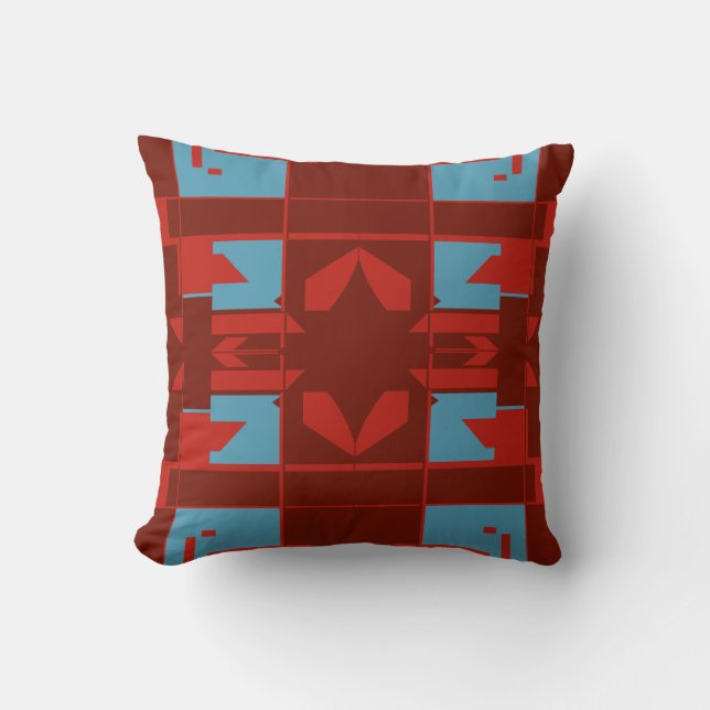 Dark Red Turquoise Mediterranean Design on Brown Throw Pillow (Front)