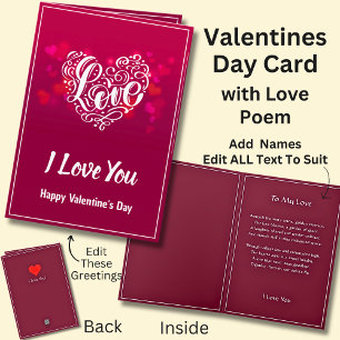 Dark Red Valentine Heart + Love Poem Card