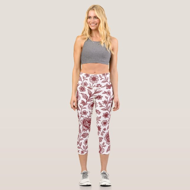 Dark Red Vintage Rose Pattern  Capri Leggings (Front)