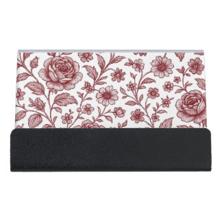 Dark Red Vintage Rose Pattern Desk Business Card Holder