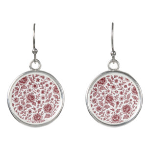 Dark Red Vintage Rose Pattern Earrings