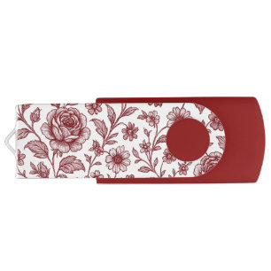 Dark Red Vintage Rose Pattern Flash Drive
