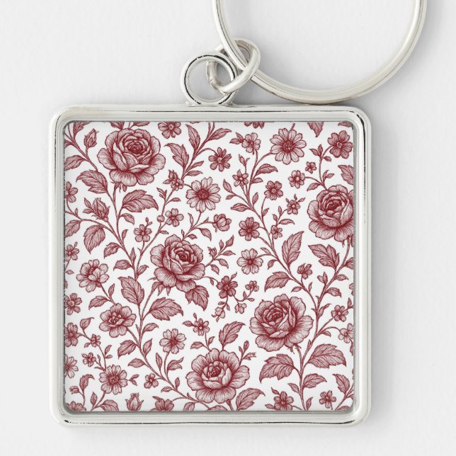 Dark Red Vintage Rose Pattern  Keychain (Front)