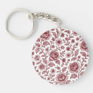 Dark Red Vintage Rose Pattern Keychain
