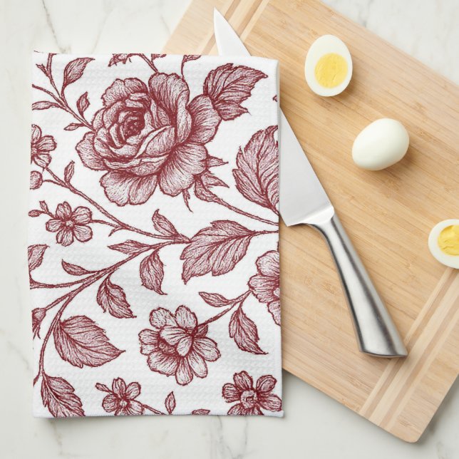 Dark Red Vintage Rose Pattern  Kitchen Towel (Quarter Fold)