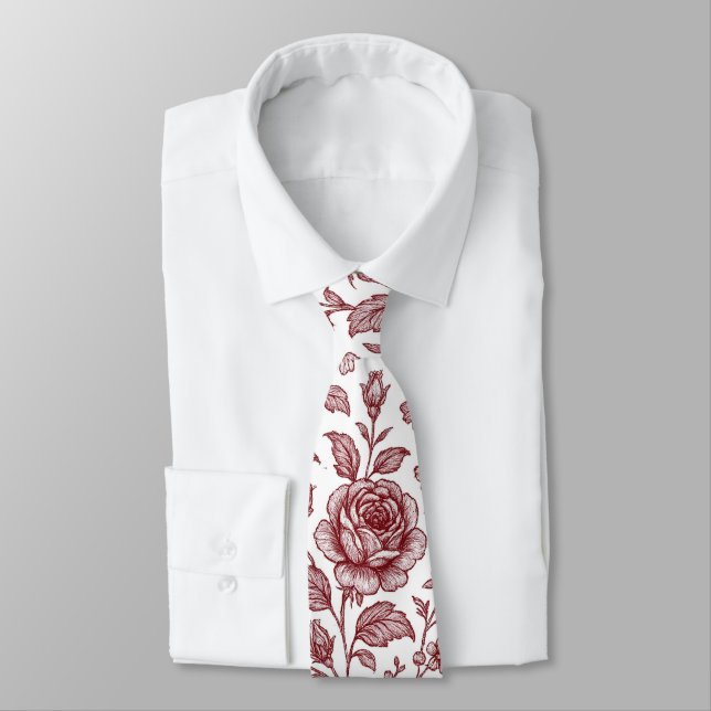 Dark Red Vintage Rose Pattern  Neck Tie (Tied)