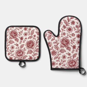Dark Red Vintage Rose Pattern Oven Mitt & Pot Holder Set