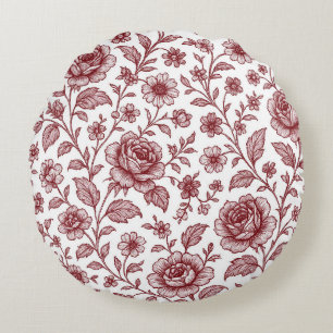 Dark Red Vintage Rose Pattern Round Pillow