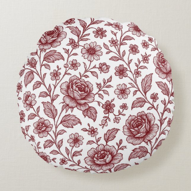 Dark Red Vintage Rose Pattern  Round Pillow (Front)