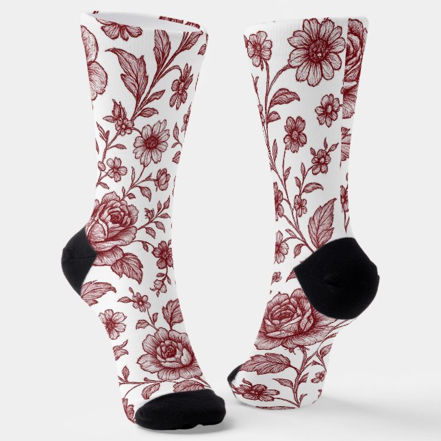 Dark Red Vintage Rose Pattern  Socks (Angled)