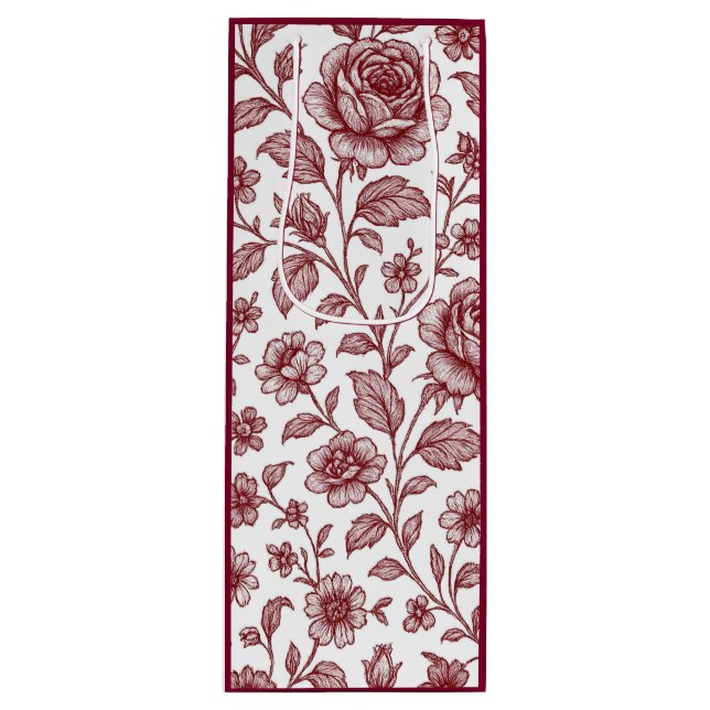 Dark Red Vintage Rose Pattern  Wine Gift Bag (Front)