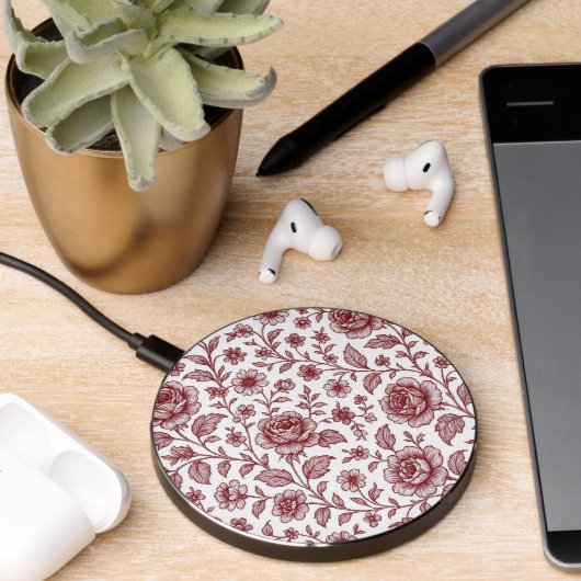 Dark Red Vintage Rose Pattern Wireless Charger (Desk 2)