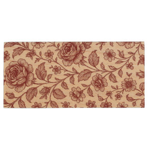 Dark Red Vintage Rose Pattern Wood Flash Drive