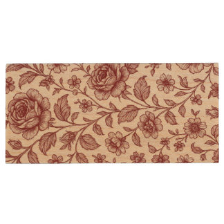 Dark Red Vintage Rose Pattern Wood Flash Drive