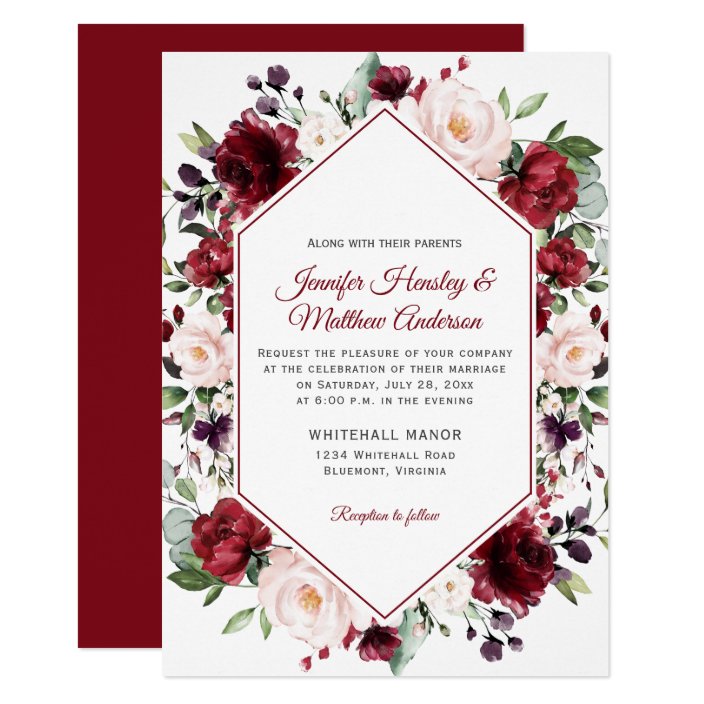 Dark Red Watercolor Floral Frame Winter Wedding Invitation Zazzle