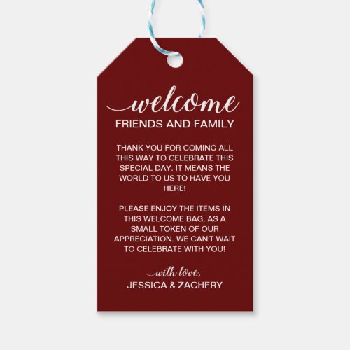 Dark Red Welcome To Wedding Gift Basket Bag Gift Tags