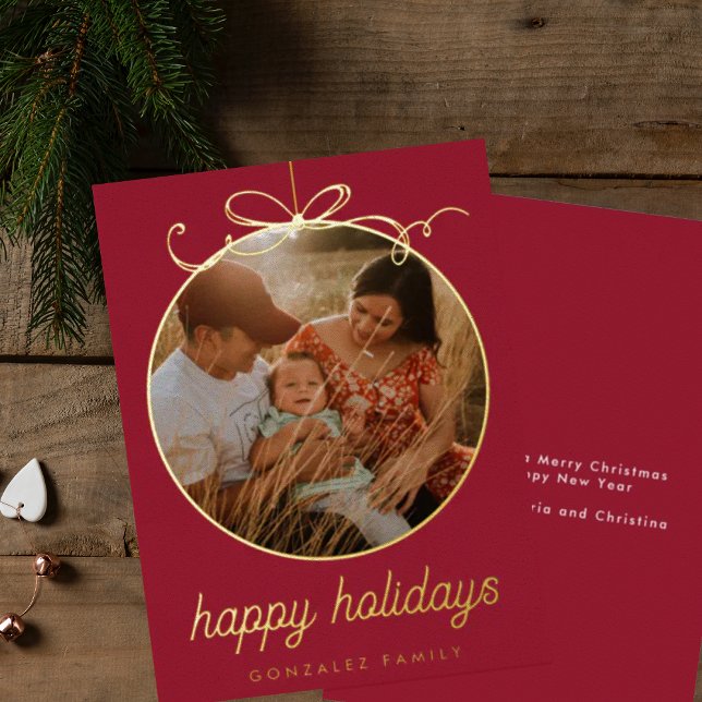 Dark Red Whimsical Ornament & Bow Photo Foil Holiday Card (Creator Uploaded)