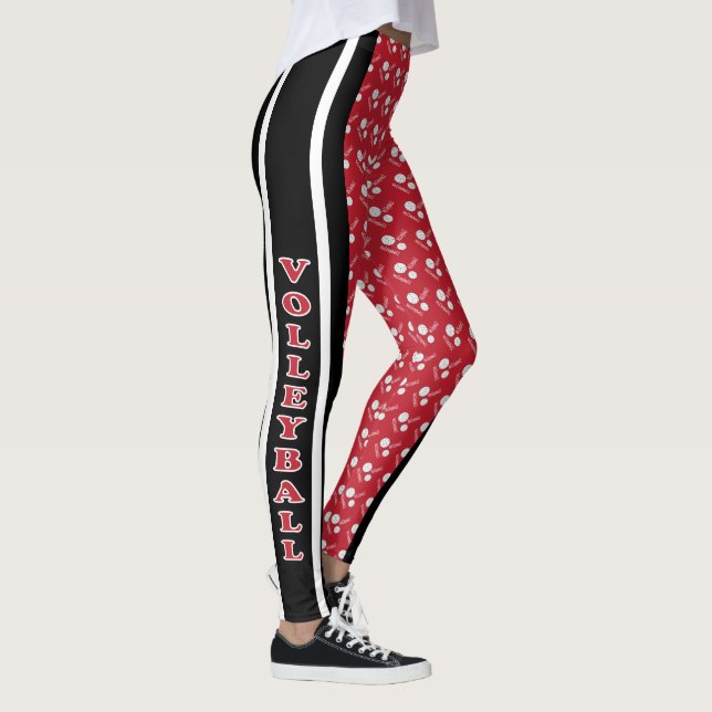 Dark Red, White and Black Volleyball Pattern Leggings (Right)