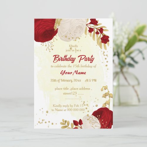 dark red  white flowers gold birthday party invitation