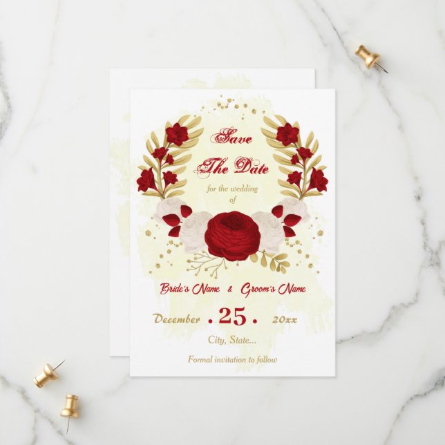 dark red & white flowers gold botanical save the date (Front/Back In Situ)