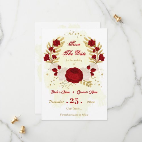 dark red  white flowers gold botanical save the date