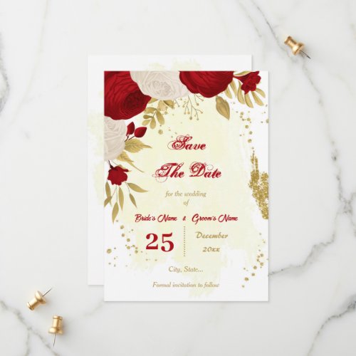 dark red  white flowers gold botanical save the date