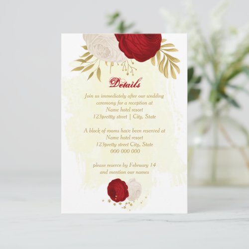 dark red  white flowers gold botanical wedding enclosure card