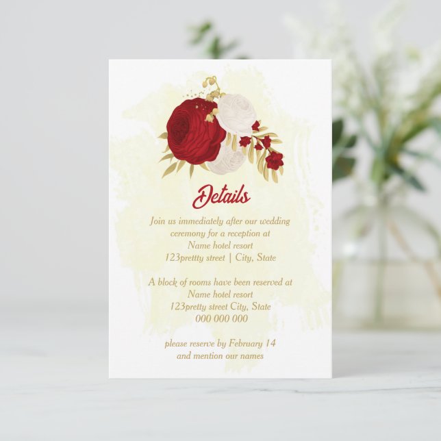 dark red & white flowers gold botanical wedding enclosure card (Standing Front)