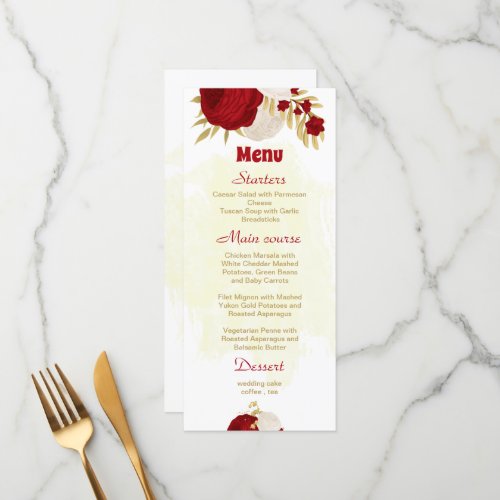 dark red  white flowers gold botanical wedding menu