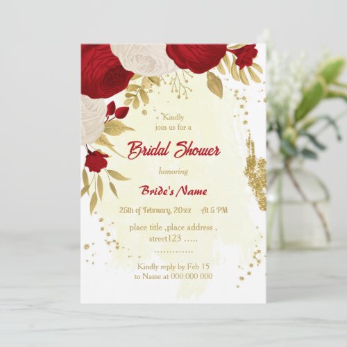 dark red  white flowers gold bridal shower invitation