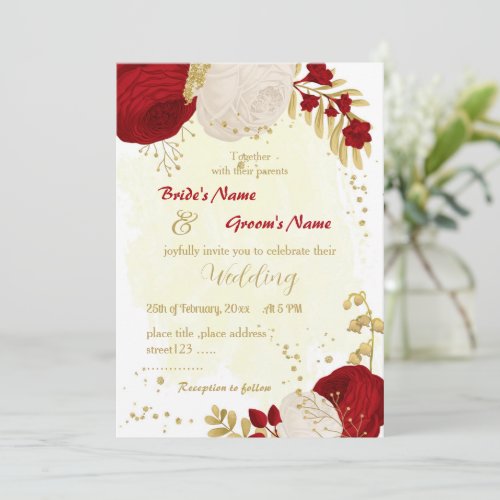 dark red  white flowers gold wedding invitation