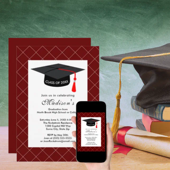 Dark Red White Graduation Class of 2024 Party Invitation | Zazzle