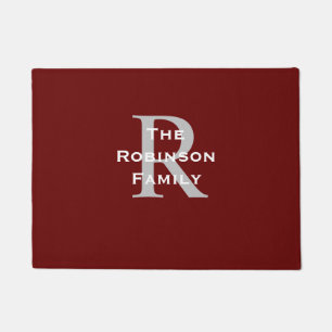 Dark Red White Gray Name Monogrammed  Doormat