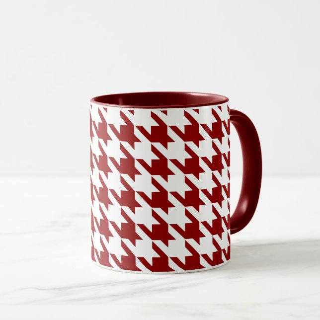 Dark Red White Houndstooth Pied de Poule Check Mug (Front Right)