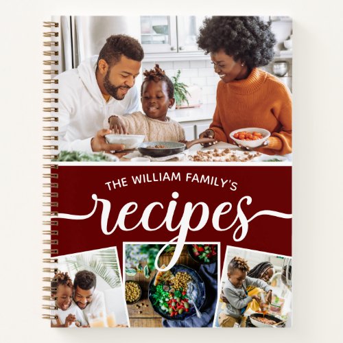 Dark Red White Photo Collage Family Recipes Notebook