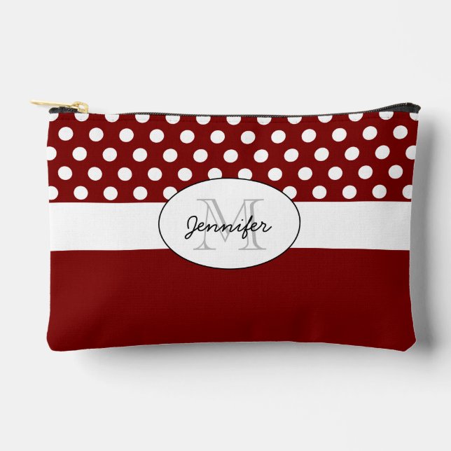 Dark red White polka dots retro pattern Monogram Accessory Pouch (Front)