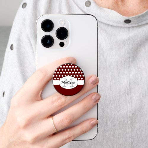 Dark Red White polka dots retro pattern Monogram PopSocket