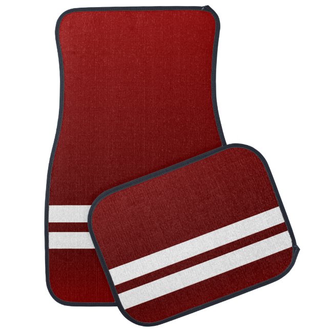 Dark Red White Racing Stripes Car Floor Mat (Set)