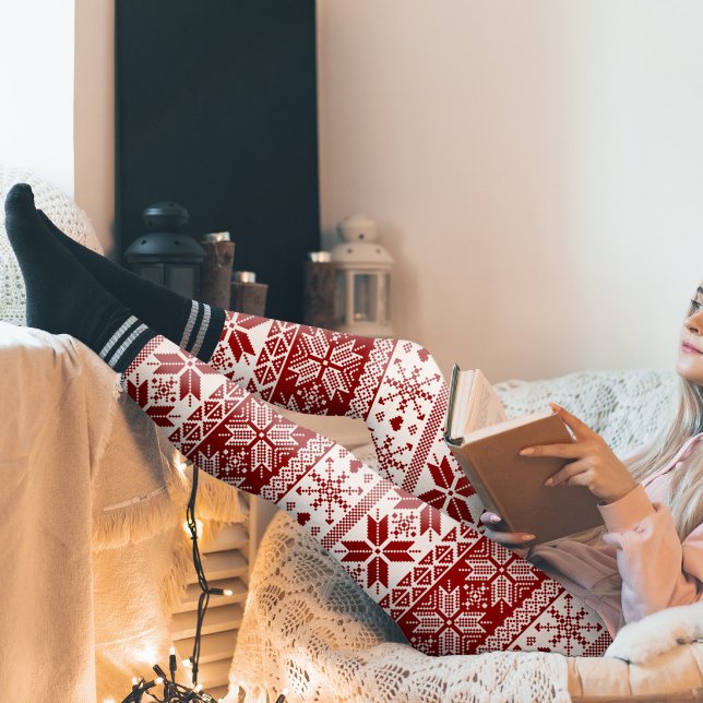 Dark Red Winter Fair Isle Pattern Leggings (Red Fair Isle Winter Pattern Leggings (choose your own alternating colour))
