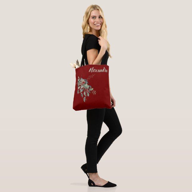 Dark Red with Watercolor Leaves & Berries Named  Tote Bag (On Model)
