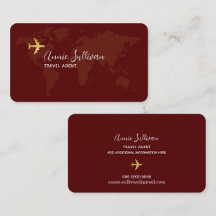 Dark Red World Map and Plane Travels Business Card