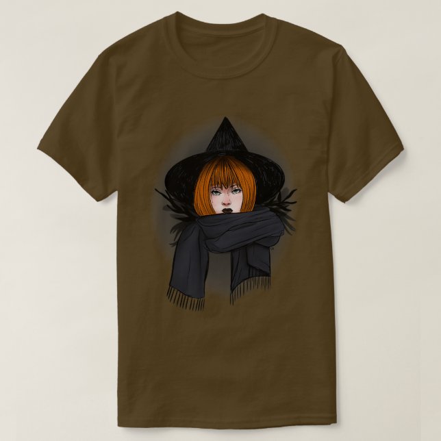 Dark Redhead Witch with a Scarf T-Shirt (Design Front)