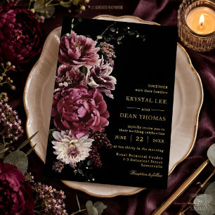 Dark Rich Black Moody Plum Burgundy Floral Wedding Foil Invitation