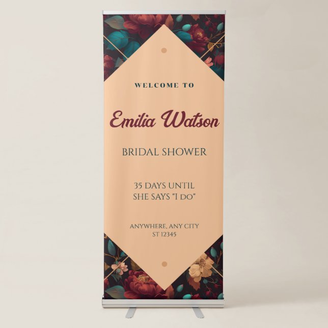 Dark Rich Floral Theme Bridal Shower Welcome Retractable Banner (Front)