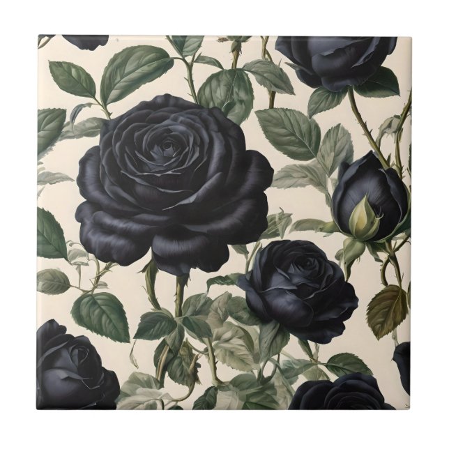 **"Dark Romance: Black Vintage Provincial Roses"** Ceramic Tile (Front)