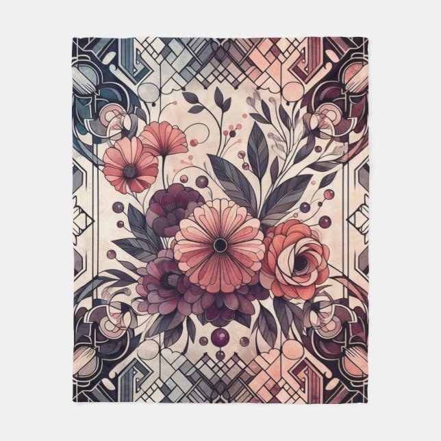 Dark Romance Burgundy Art Deco Floral  Summer  Fleece Blanket (Front)