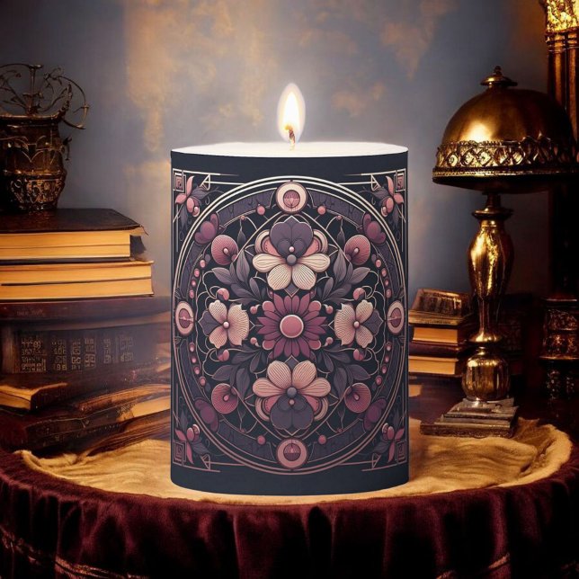 Dark Romance Burgundy Art Deco Floral Summer  Pillar Candle (Creator Uploaded)