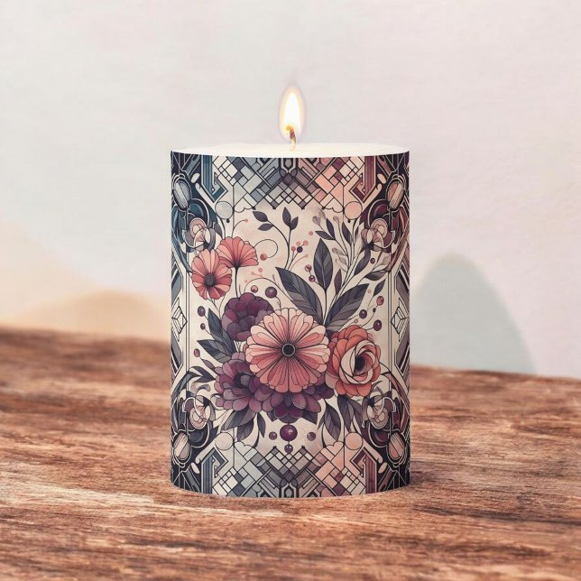 Dark Romance Burgundy Art Deco Floral Summer  Pillar Candle (Creator Uploaded)