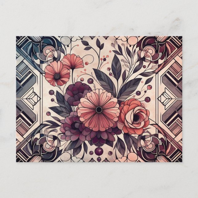 Dark Romance Burgundy Art Deco Floral Summer Postcard (Front)