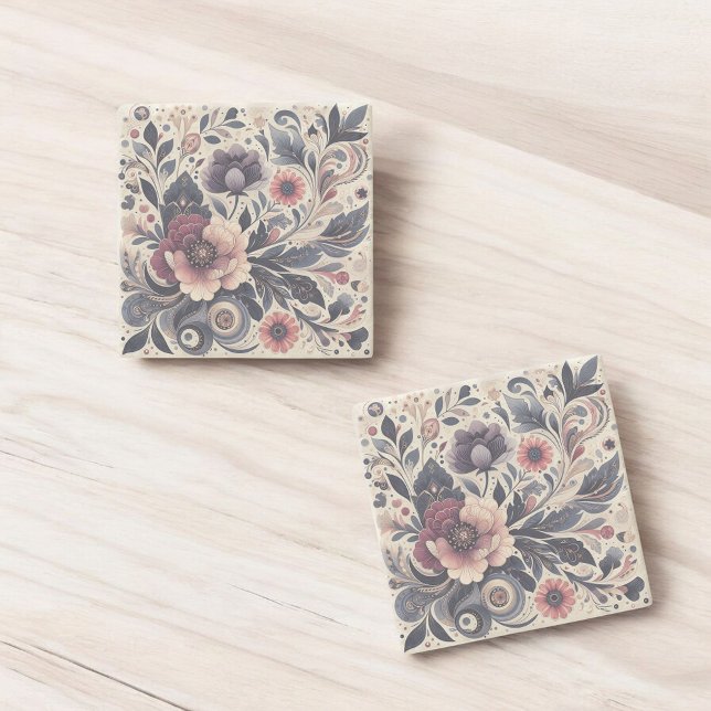 Dark Romance Burgundy Art Deco Floral Summer Stone Coaster (Creator Uploaded)
